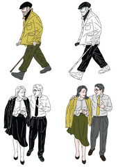 Life Stages: A set of four stylish illustrations depicting diverse individuals at different life stages—an elderly gentleman with a cane.