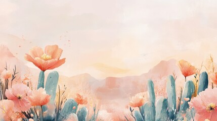 A whimsical desert backdrop with hand-drawn cacti and vibrant wildflowers in a pastel sunset glow