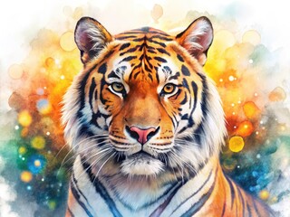 Fototapeta premium Watercolor Tiger Painting: Wild Cat Art with Bokeh Effect - Wildlife Predator Image