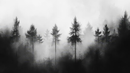 Fototapeta premium A monochrome forest background with misty tree silhouettes and fog drifting through