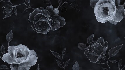 A sophisticated black and white floral wallpaper with minimalist rose outlines blending into a charcoal backdrop