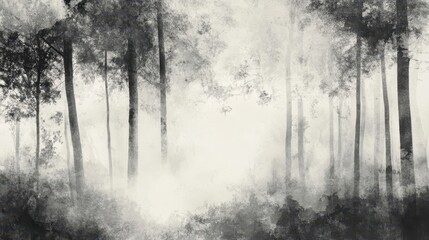 Obraz premium An artistic monochrome forest backdrop with mist-covered trees and fluid ink textures creating a mystical atmosphere