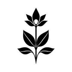 Black silhouette of a flower in the center of a blank white background.