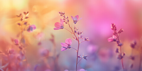 Colorful pastel flowers in a meadow, spring wildflowers, pastel background, ample copy space for text, for cosmetics, spa, perfume, beauty salon, florist shop.