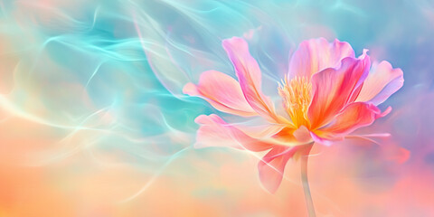 Fototapeta premium Beautiful pastel flower in soft focus on a colorful background with delicate petals and a green stem. Springtime floral concept for cosmetics, spa, perfume, beauty salon, florist shop, invitation