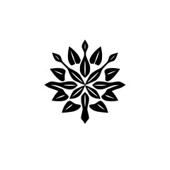 Geometric black flower, a symmetrical pattern of stylized leaves, creating an abstract and elegant design.