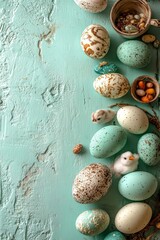 Obraz premium A Happy Easter concept is illustrated through a vertical top view flat lay composition consisting of decorated eggs, ceramic bunnies, feathers, and flowers set against a pastel green background