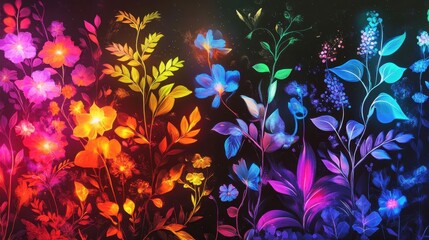 An abstract neon wallpaper with glowing plants and iridescent leaves in a liquid gradient background
