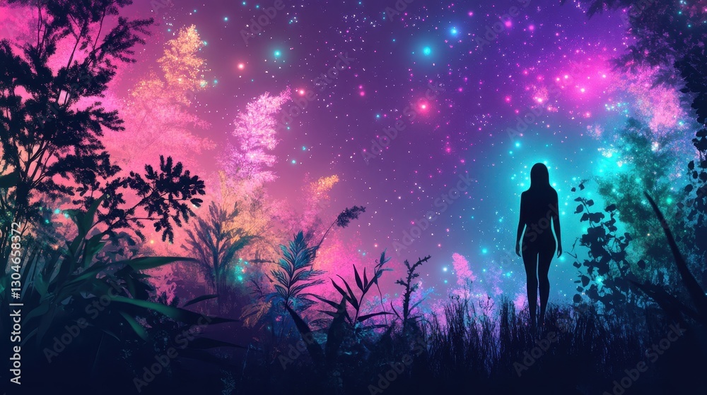 Wall mural a cosmic neon background with glowing tendrils and botanical elements blending with scattered star-l