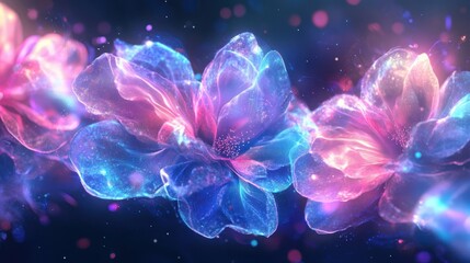 Obraz premium An atmospheric neon glow backdrop with glowing petals and luminous trails blending into a fuchsia and indigo palette