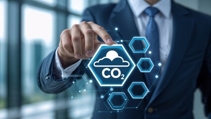 Naklejka premium Low carbon,carbon neutral concept. Net zero greenhouse gas emissions target. Climate neutral long term strategy. Limit global warming and climate change.businessman pressing virtual button