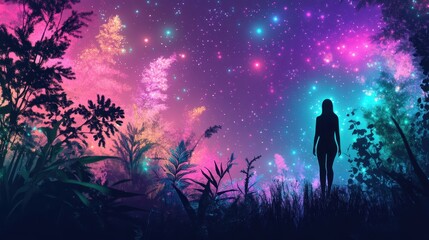 A cosmic neon background with glowing tendrils and botanical elements blending with scattered star-like particles in electric hues