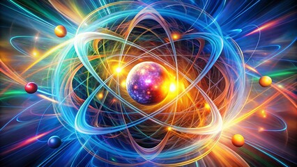 Obraz premium Microscopic Atom with Electron Wave, Quantum Physics, Science, Abstract Background