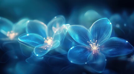 Obraz premium An abstract neon floral backdrop with glowing bioluminescent petals in intricate patterns with flickering lights in ultramarine mist