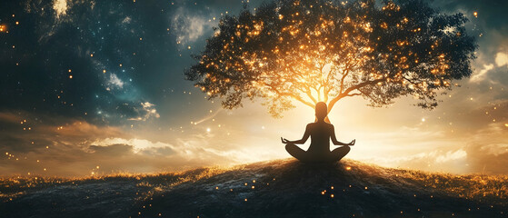 Obraz premium Person meditating with an abstract tree representing mindful thoughts -