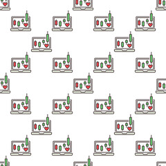 Laptop Screen with Red Heart with a Candlestick Graph vector Passion for Trading colored seamless pattern
