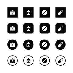 Medical icons, minimalist design, black and white, first aid kit, medicine bottle, pill, capsule, healthcare symbols, vector graphics, simple shapes, square icons, circular icons, flat design.