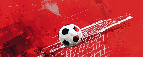 Soccer ball in net, red grunge background.