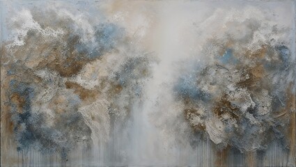 A serene landscape artwork featuring blending blue and brown tones.