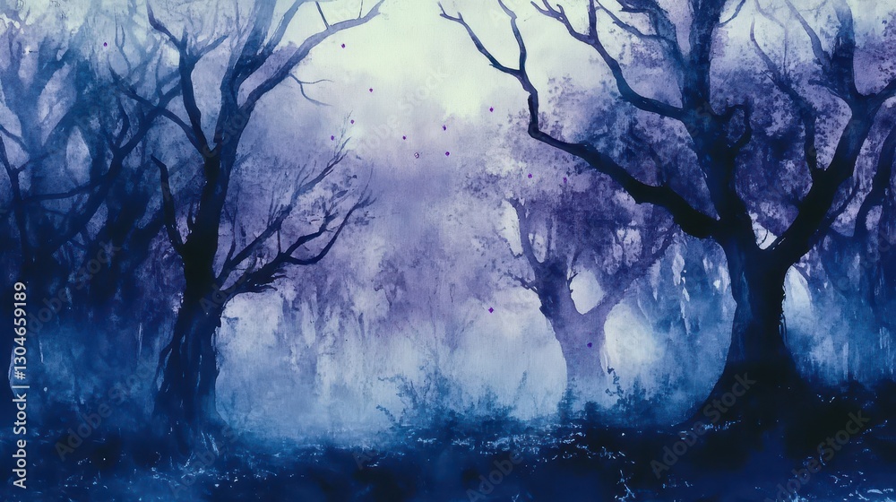 Wall mural a mysterious gothic forest background with deep indigo fog rolling through skeletal tree silhouettes