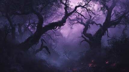 A surreal gothic forest backdrop with claw-like branches against a twilight sky merging deep purples and grays into a misty landscape