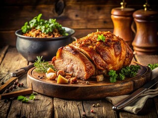 Nostalgic food photography: roasted pig, farm scenes, vintage butcher shop, classic recipes.