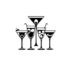 Modern black and white illustration of five different Martini glasses with varying fillings, some with straws and fruit.