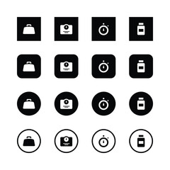 Icon set, minimalist design, black and white, briefcase, identification card, stopwatch, medicine bottle, user interface elements, mobile app icons, web design symbols, vector graphics, clean lines.