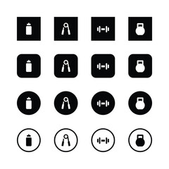 Fitness icons, exercise equipment symbols, minimalist design, black and white, gym accessories, water bottle icon, hand grip icon, dumbbell icon, kettlebell icon, square icons, circular icons, rounded