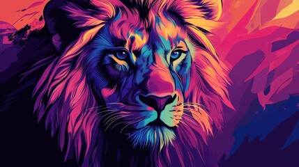 A Colorful Illustration Depicts a Majestic Lion Head Portrait