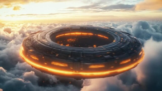 The large futuristic UFO hovered silently above the city, captivating onlookers with its mysterious design.