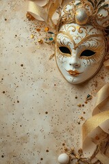Golden tinsel embellishes masquerade masks poised on a delicate pastel beige background, symbolizing the mystique of Venice carnival and Mardi Gras