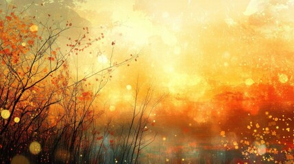 Fototapeta premium A golden sunset backdrop with glowing light streaks through autumn foliage