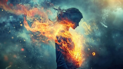 Woman surrounded by flames, portraying strength and resilience in a mystical atmosphere at dusk. Generative AI
