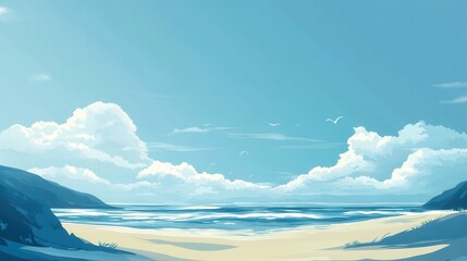 An idyllic beach scene with fluffy clouds and seagulls flying
