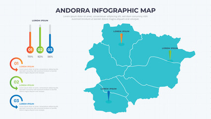 Infographic Map of Andorra. Andorra country map infographic colored vector template with regions and pointer marks.