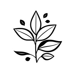 Minimalist Black and White Botanical Illustration of a Leafy Branch.