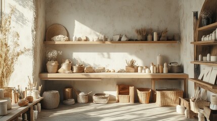 serene artisan workspace featuring shelves adorned with handcrafted pottery baskets and natural elements illuminated by soft light creating calm atmosphere