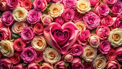 Fototapeta premium Pink roses bloom in a heart-shaped panoramic, a romantic floral backdrop perfect for love.