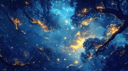 Obraz premium A digital fantasy background with golden leaves floating in a sapphire mist