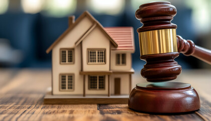 Real estate law concept with a judge's hammer and house model, representing property investment  -
