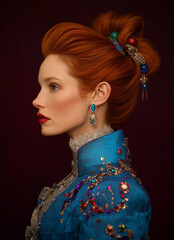 Fototapeta premium A striking portrait of an eccentric woman with vibrant red hair in an elegant updo, wearing a tailored blue suit and a crystal-embellished jacket, gazing away in a side profile with soft lighting agai
