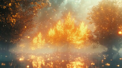 Fototapeta premium A fantasy background with glowing crystal trees and golden leaves glowing softly in mist