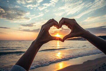 A pair of hands forming a heart shape against a stunning sunset over the ocean. The sun is perfectly aligned in the center of the heart, casting a golden glow on the water 