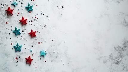 A mockup of a USA Independence Day banner with American national colors and confetti stars, applicable to Presidents Day, Labor Day, Memorial Day, and US election concepts