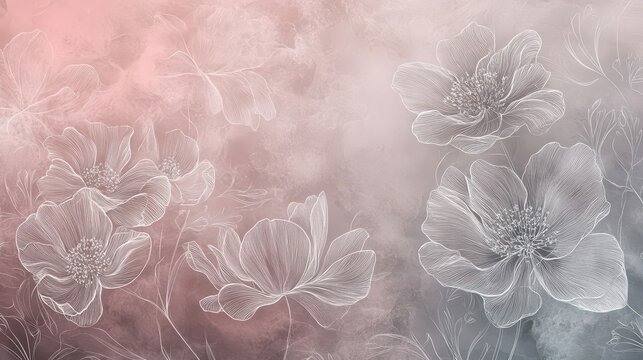 A modern artistic background with abstract floral line art in silver ink layered over a gradient of blush and light gray hues