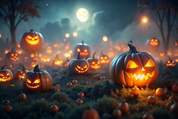 Fototapeta premium Miniature Jack-o'-lanterns Glow in Moonlight, Spooky Halloween Night Tilt-Shift