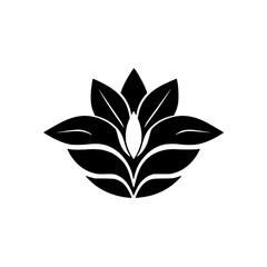 Black and white image of a stylized floral design, a silhouette of a symmetrical, stylized lotus flower, on white.