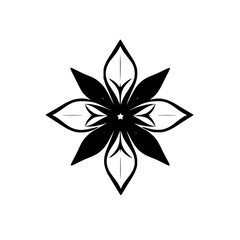 Black and white symmetrical flower illustration with eight petals and a central star, showcasing simplicity and balance.