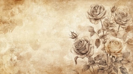 A vintage botanical wallpaper with hand-drawn roses in sepia ink over a textured parchment background